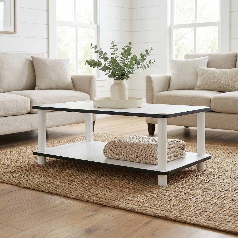 White 2-Tier Coffee Table with No-Tools Assembly and Easy Storage Options