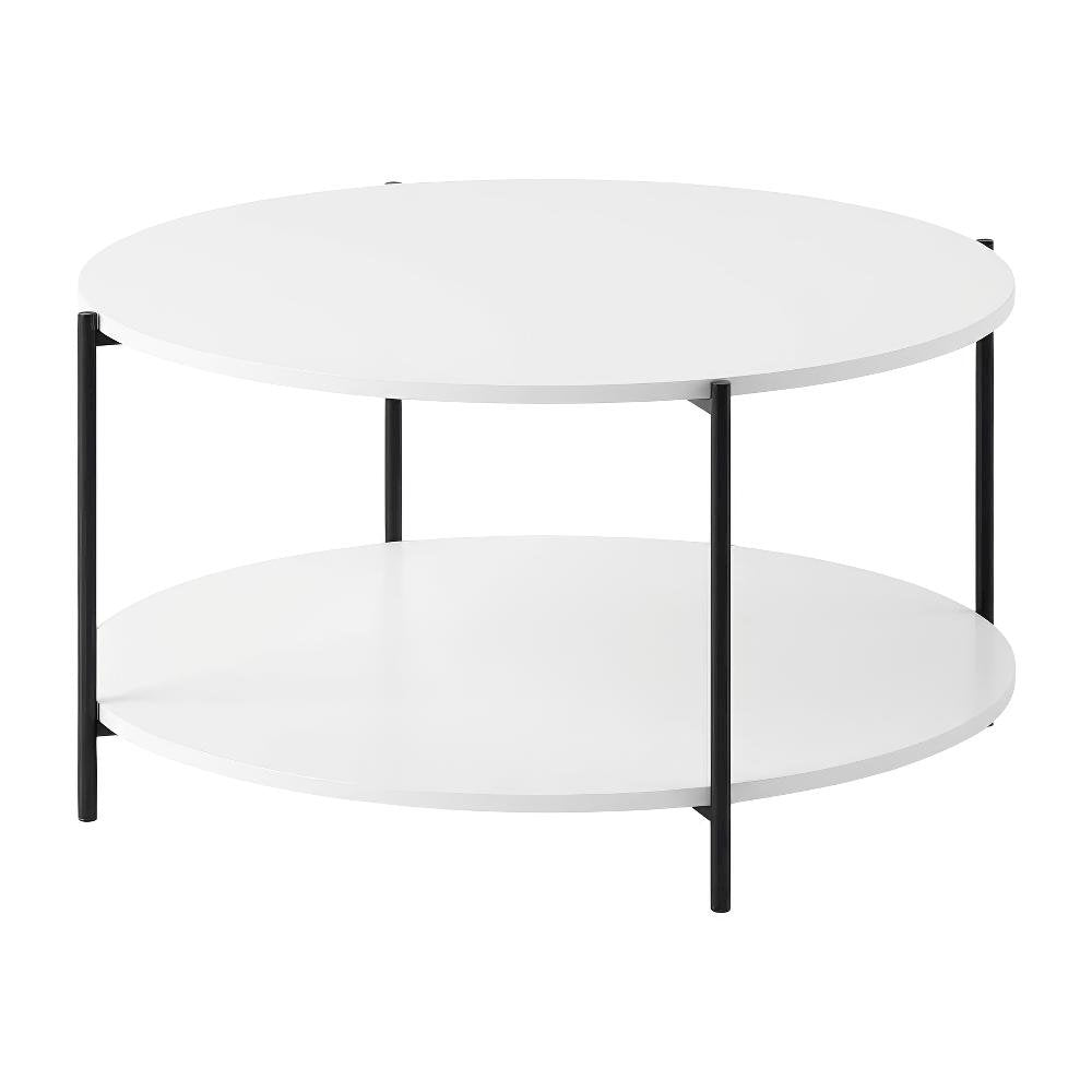 Plain White 2-Tier Round Coffee Table with Storage Shelf and Metal Legs