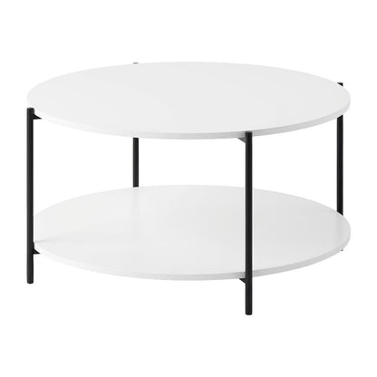 Plain White 2-Tier Round Coffee Table with Storage Shelf and Metal Legs