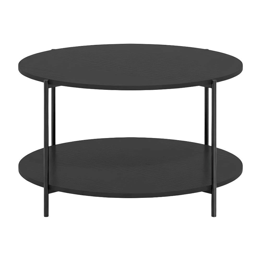 Dark Americano 2-Tier Round Coffee Table with Storage Shelf and Metal Legs