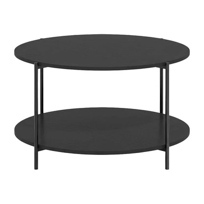 Dark Americano 2-Tier Round Coffee Table with Storage Shelf and Metal Legs