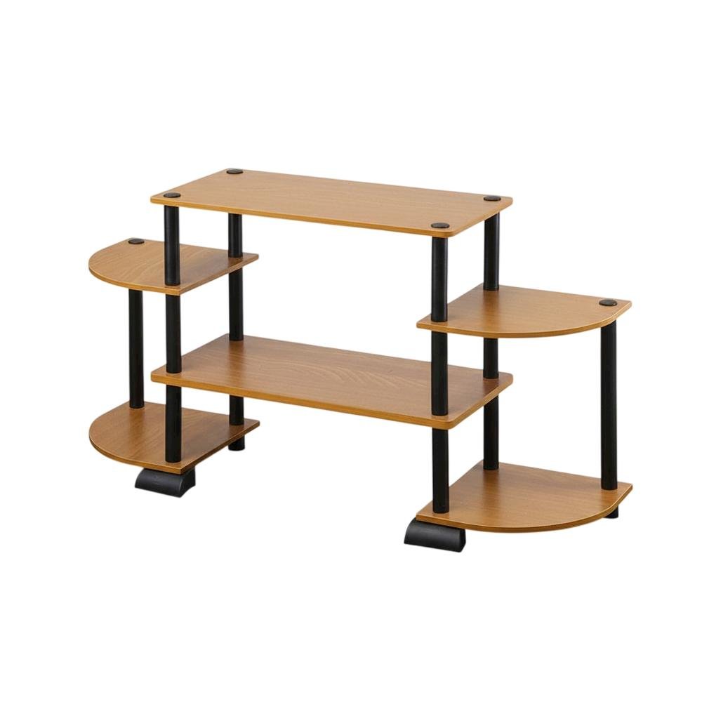 TV entertainment center in light cherry, black, composite wood, PVC tubes