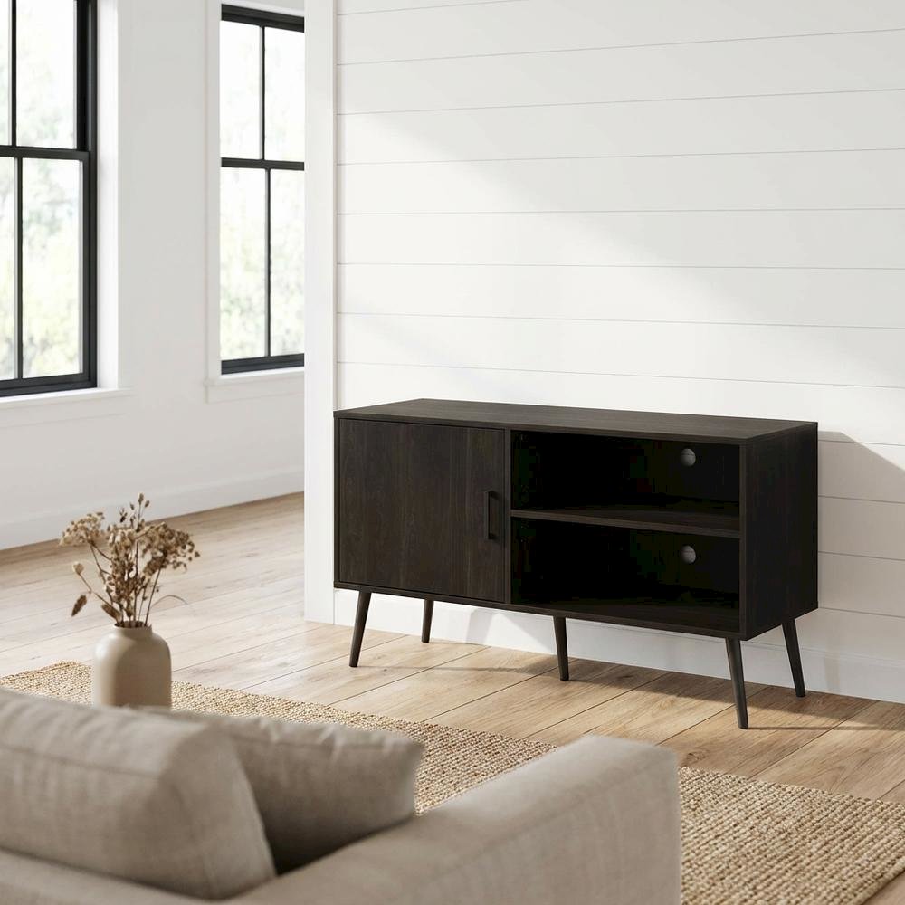 Espresso Wood TV Stand with One Cabinet and Shelves for Living Room