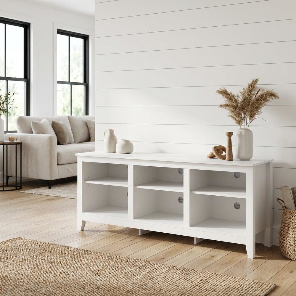 White Wooden TV Stand, Up to 65 Inch Entertainment Center, Spacious Storage