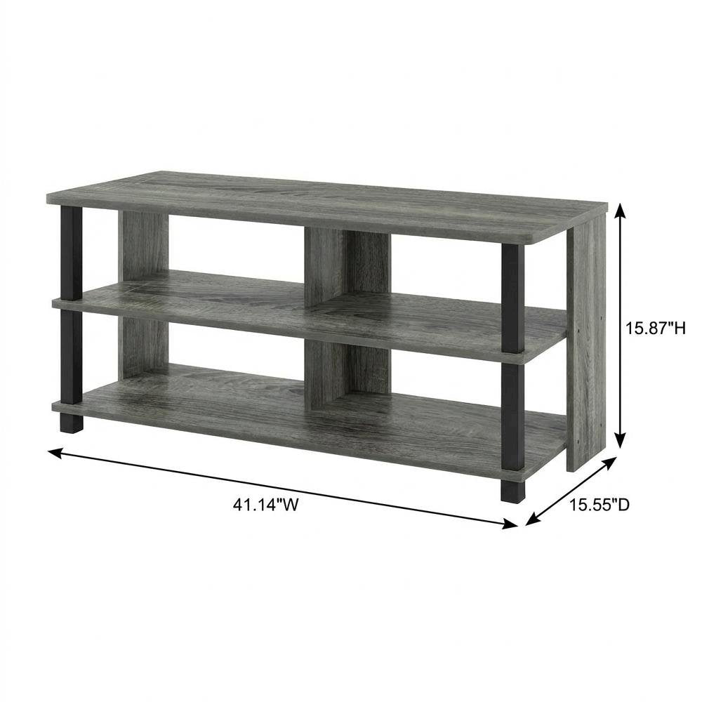 Wood TV stand in French Oak Grey, Black, three tiers, up to 50-inch TVs