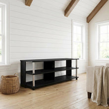 Wooden TV stand in Americano finish with stainless steel tubes, 3-tier design