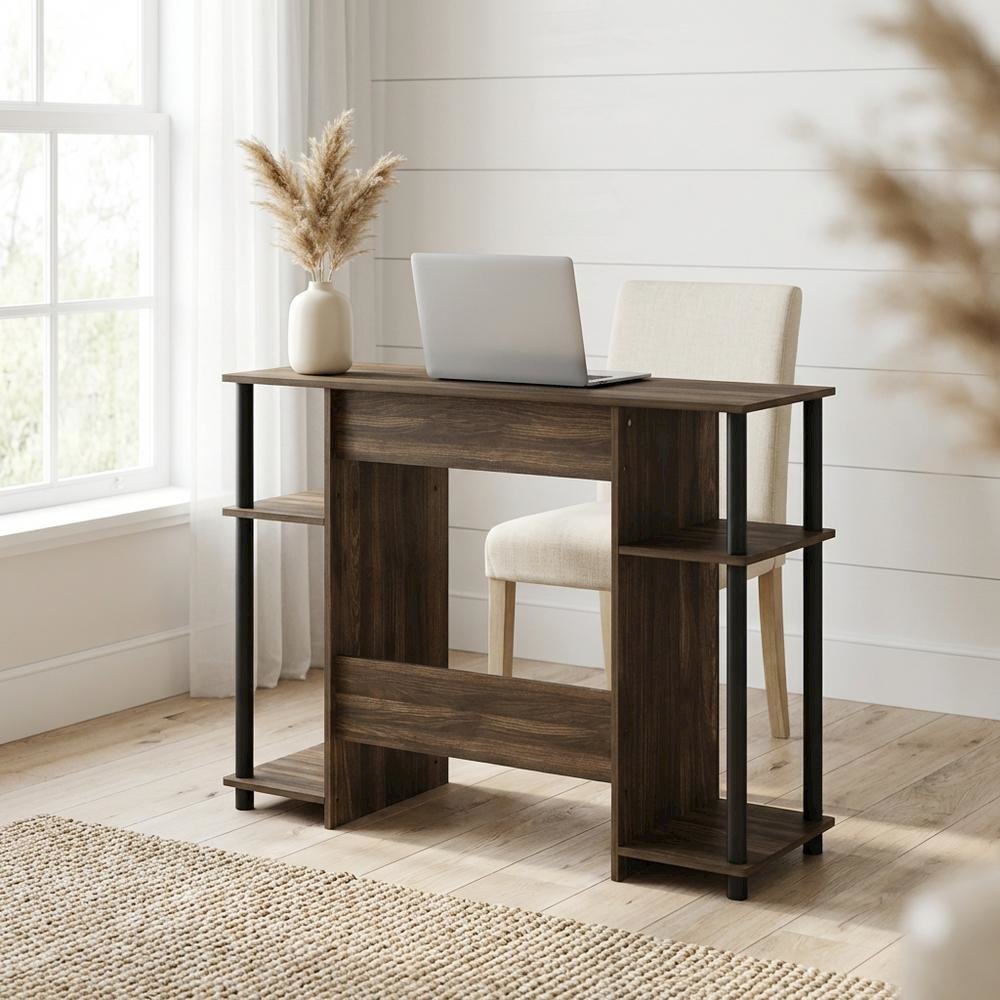 Wooden Compact Computer Desk, Columbia Walnut And Black Finish, Modern Design