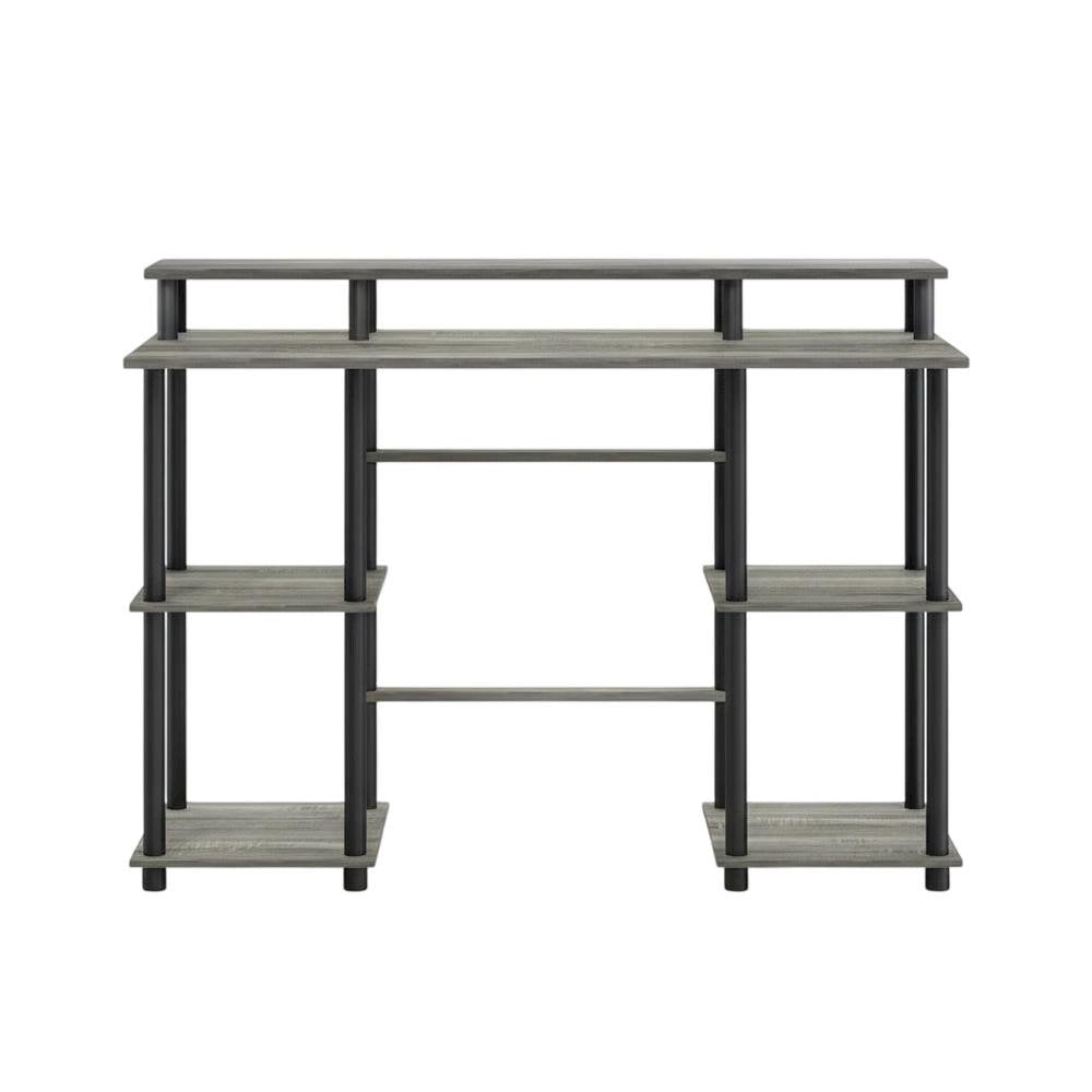 Grey Computer Desk With Top Shelf And Sleek Modern Design For Home Office Use