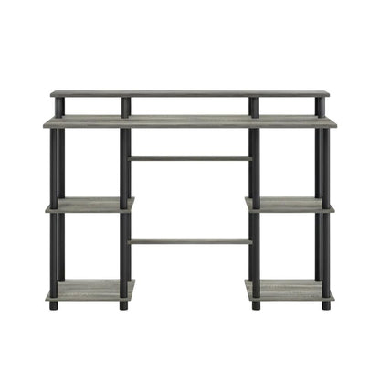 Grey Computer Desk With Top Shelf And Sleek Modern Design For Home Office Use