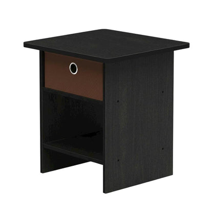 Medium brown wood nightstand with storage shelf and bin drawer