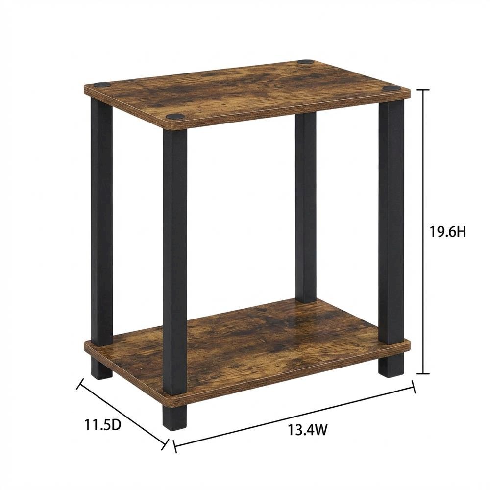 Wooden nightstand in amber pine finish with sleek black accents, compact design