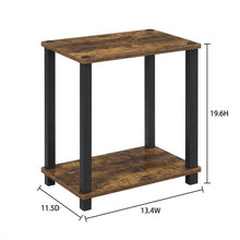 Wooden nightstand in amber pine finish with sleek black accents, compact design