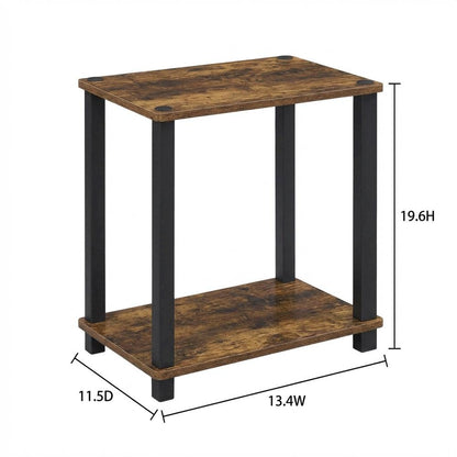 Wooden nightstand in amber pine finish with sleek black accents, compact design