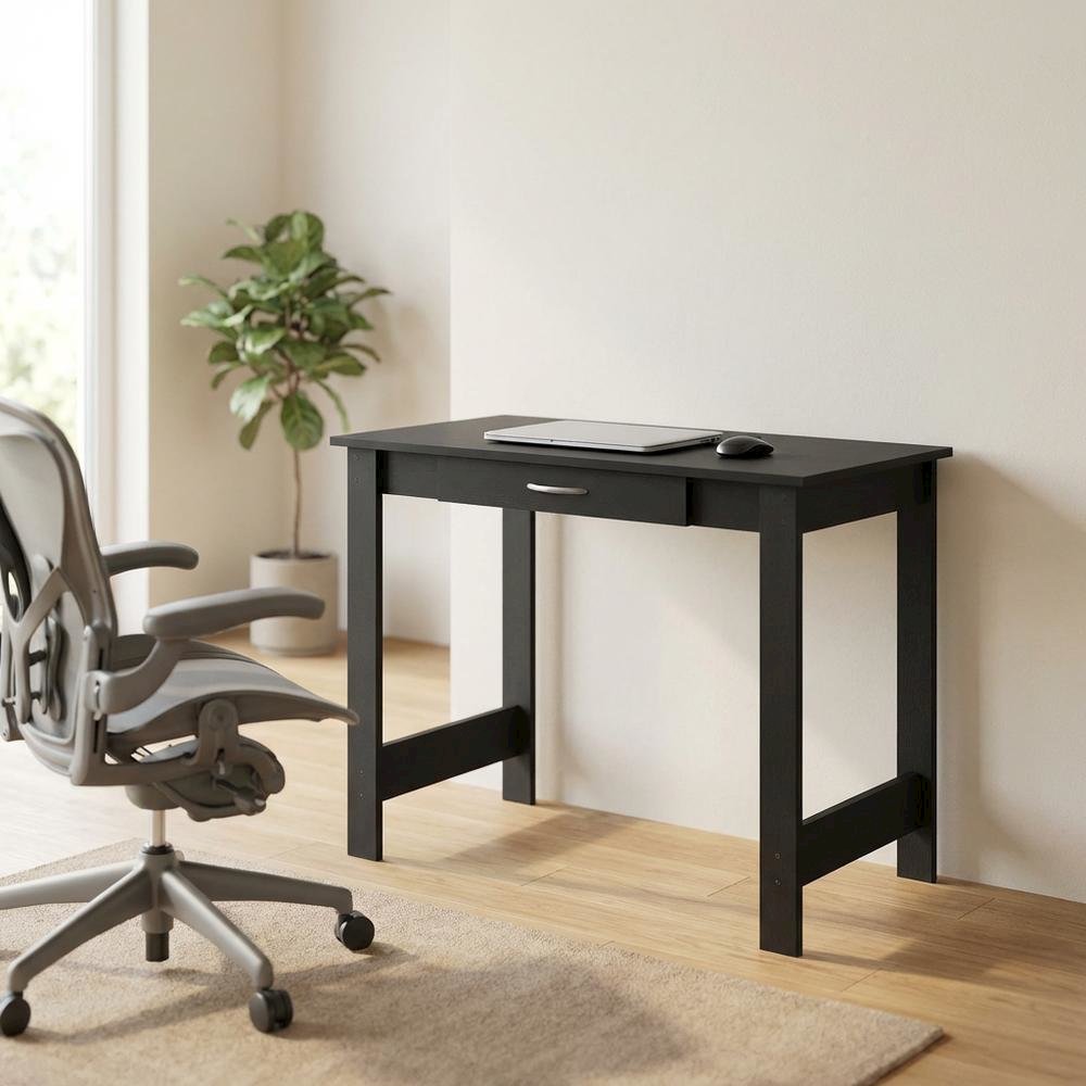 Darkwood Office Desk With H-Legs And Drawer For Workspace