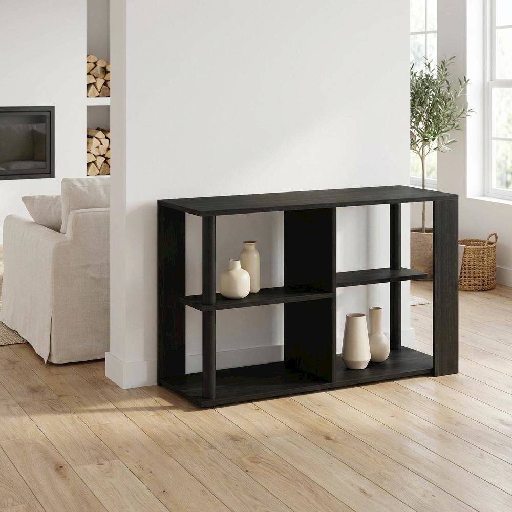 Narrow Espresso Coffee Table with Black Shelves and Compact Storage Space