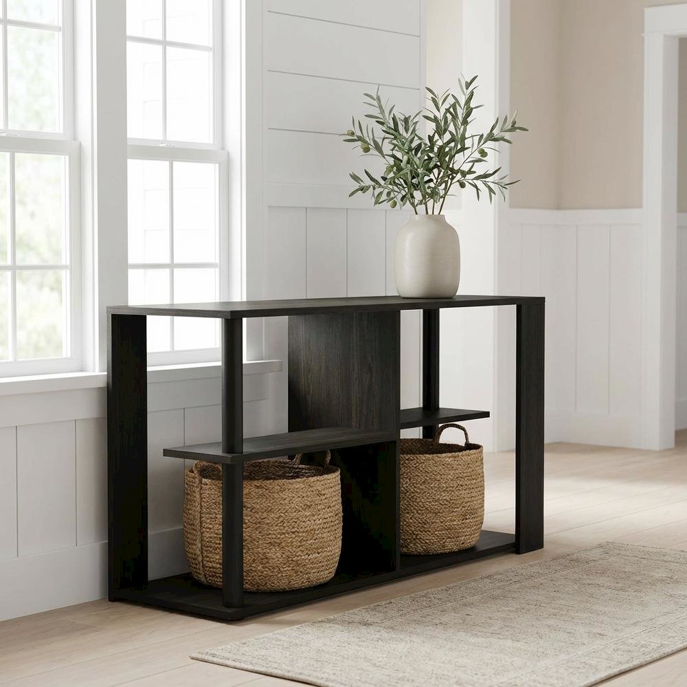 Narrow Espresso Coffee Table with Black Shelves and Compact Storage Space