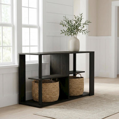 Narrow Espresso Coffee Table with Black Shelves and Compact Storage Space