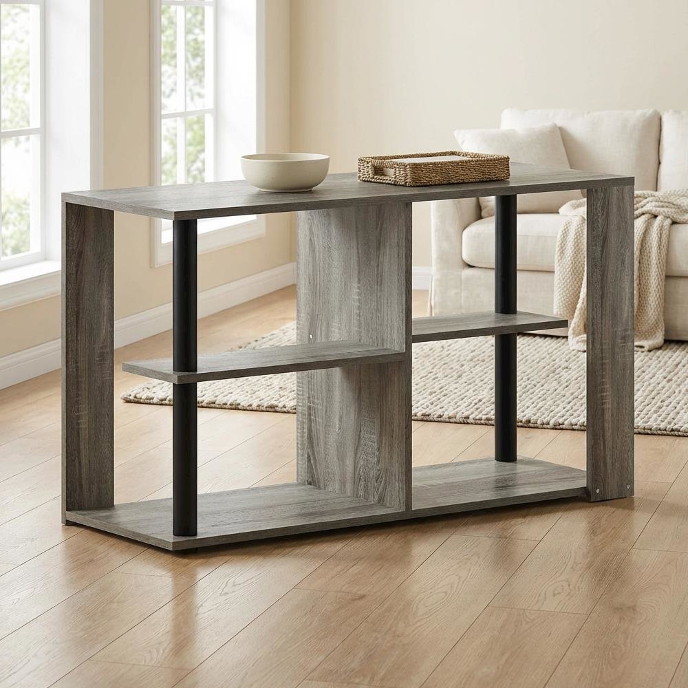 Narrow Coffee Table French Oak Black with Open Shelves and Sturdy Frame