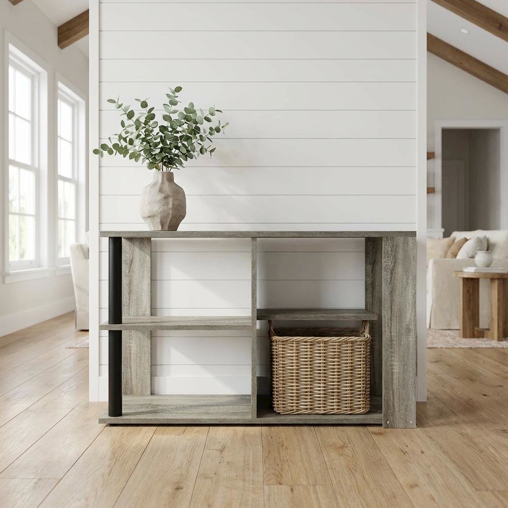 Narrow Coffee Table French Oak Black with Open Shelves and Sturdy Frame