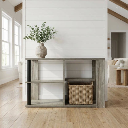 Narrow Coffee Table French Oak Black with Open Shelves and Sturdy Frame