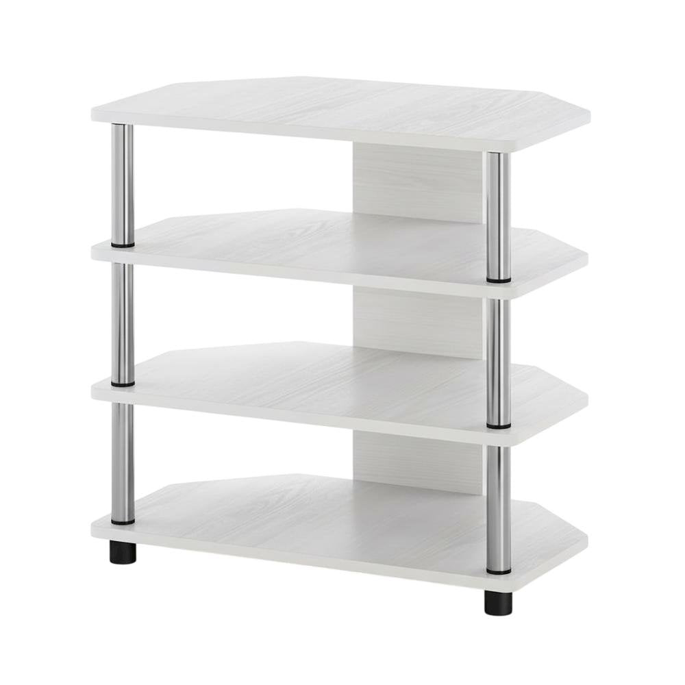 Wooden TV stand, modern white oak, chrome accents, living room furniture