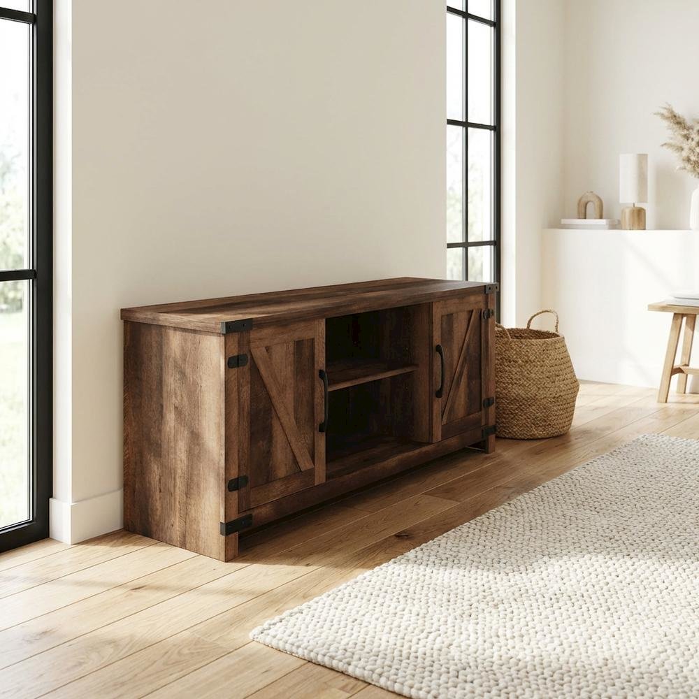 Rustic Brown Wood TV Cabinet with Barn Door for Up to 70 Inch Displays