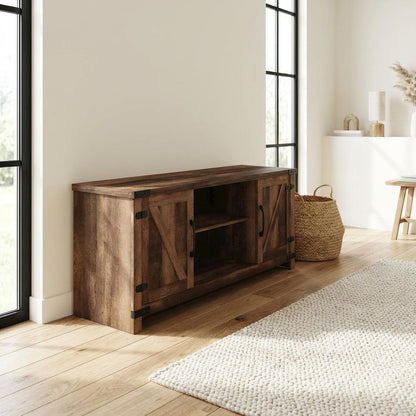 Rustic Brown Wood TV Cabinet with Barn Door for Up to 70 Inch Displays