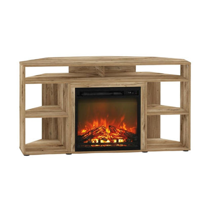 Brown Corner TV Stand with Fireplace for 55-Inch Screens in Rustic Wood Finish