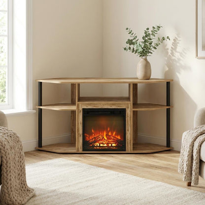 Black open storage corner fireplace TV stand, spacious shelves, 55-inch screens