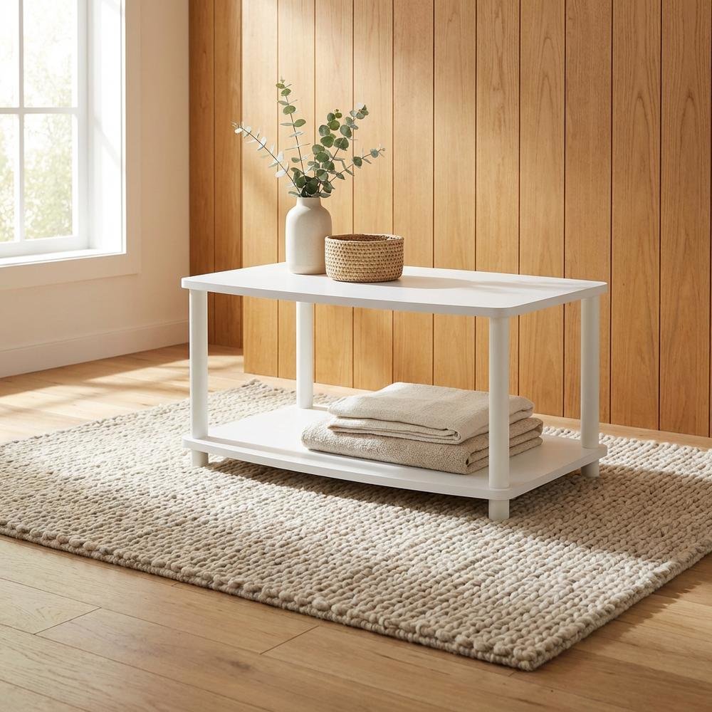 White 2-Tier Elevated TV Stand with Rubberwood Solids and Walnut Veneers