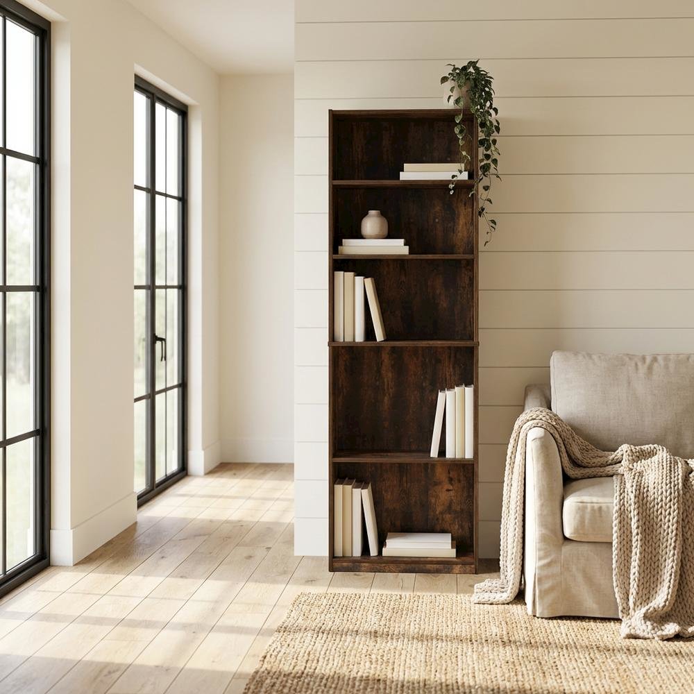 Amber oak 5-tier adjustable shelf bookcase with wood construction