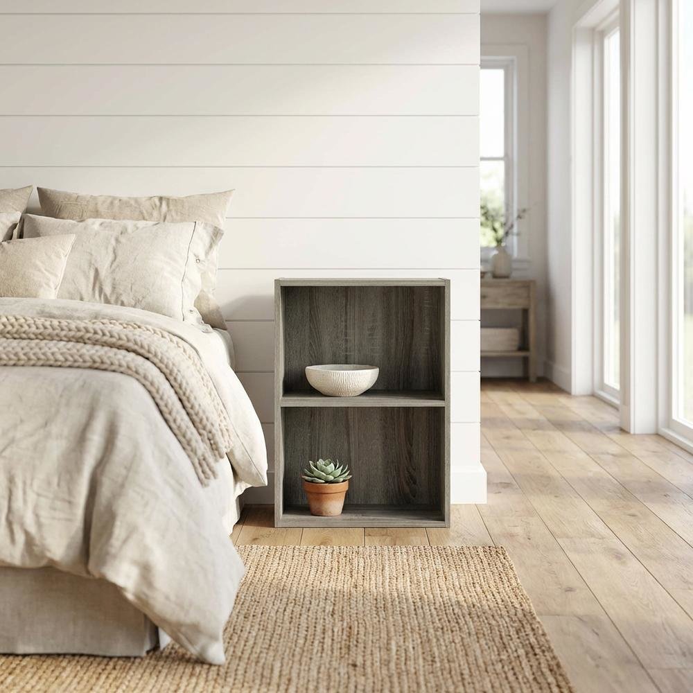 French Oak 2-Tier Open Shelf Bookcase with Modern Design and Wood Build