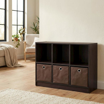 Wooden 3x2 Bookcase with Bins for Organized Storage in Walnut Finish