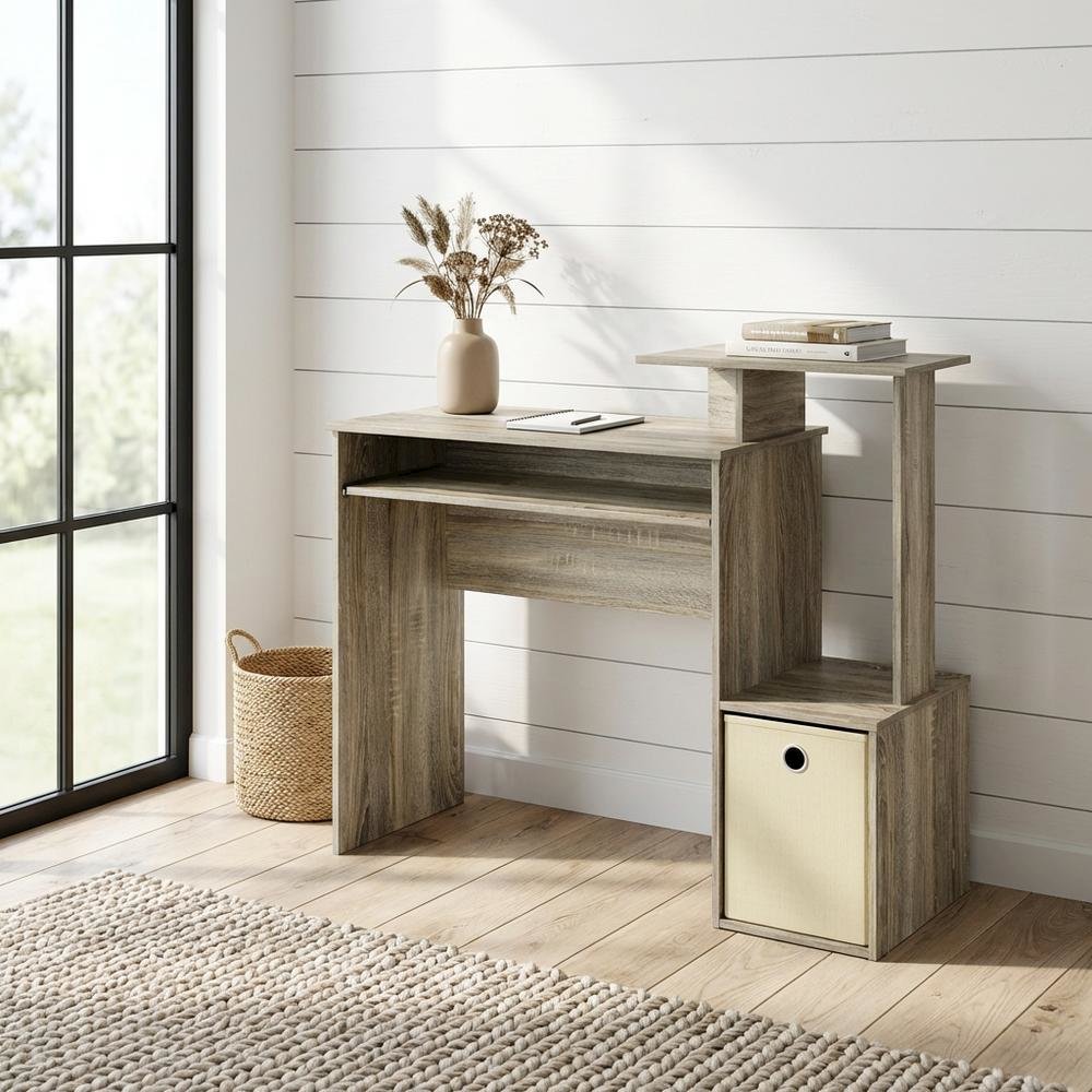 Sonoma Oak and Ivory Office Desk with Storage Bin, Compact Computer Workstation