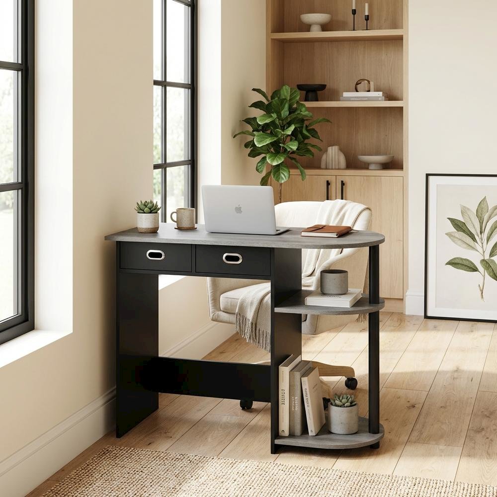 Black and Grey Laptop Desk with Steel Frame and Spacious Surface
