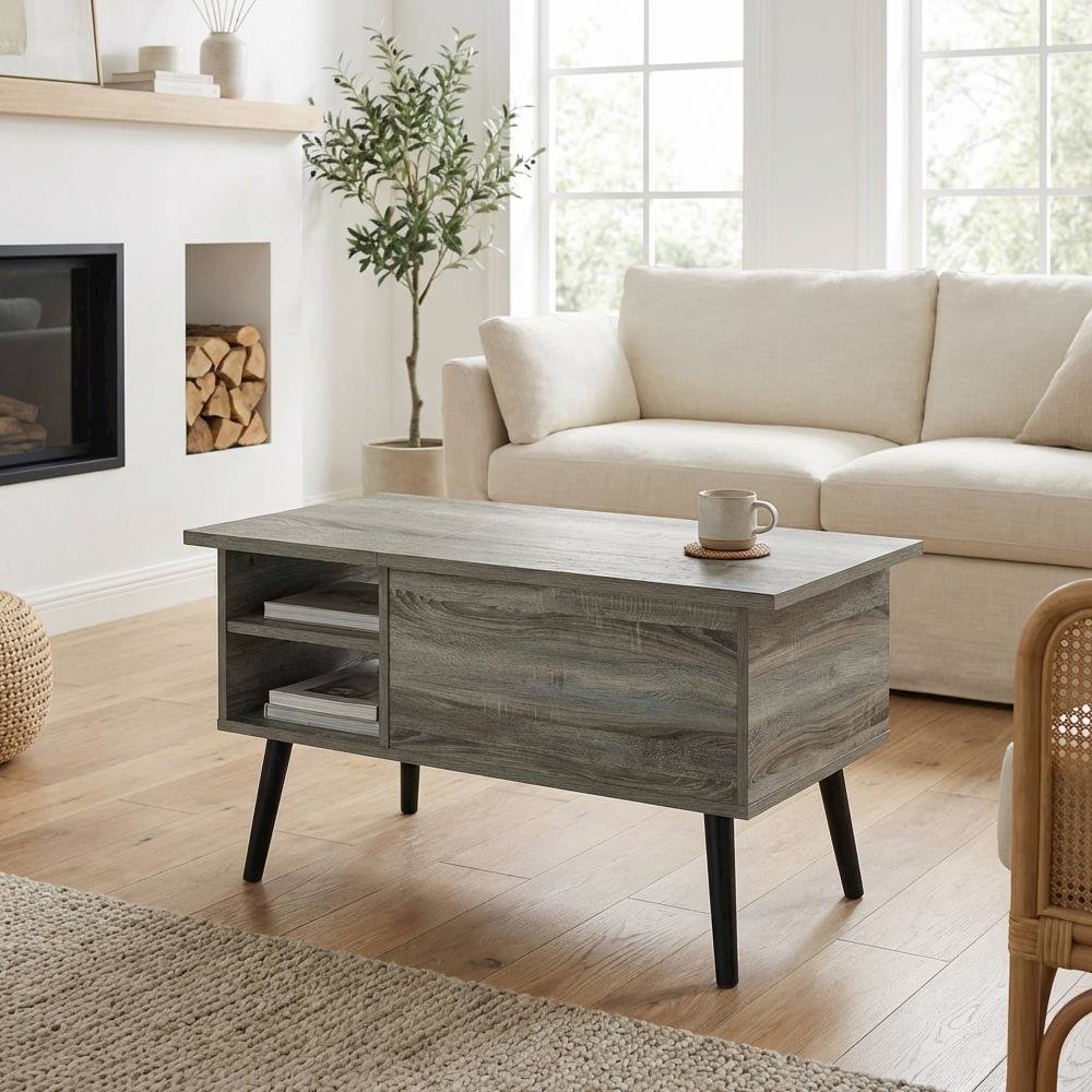 Lift Top Coffee Table French Oak Grey with Wooden Legs and Storage Compartment