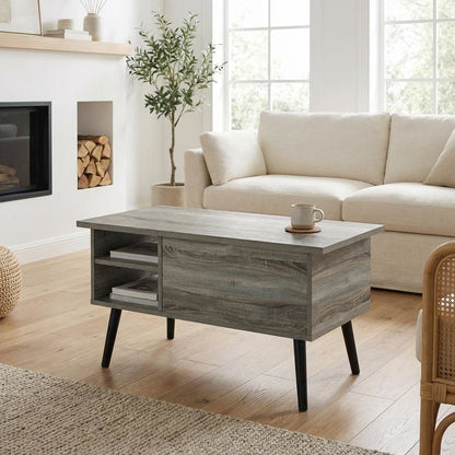 Lift Top Coffee Table French Oak Grey with Wooden Legs and Storage Compartment