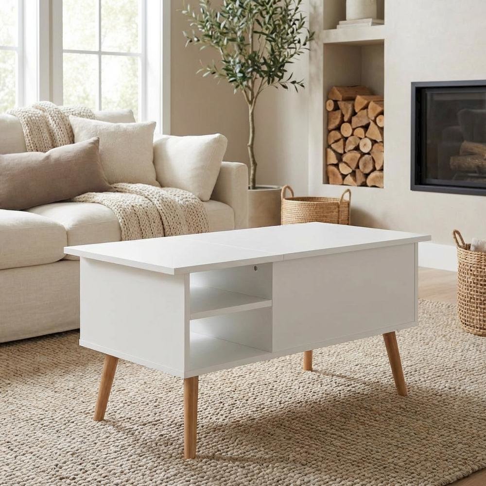 Lift Top Coffee Table Solid White with Wooden Legs and Storage Space