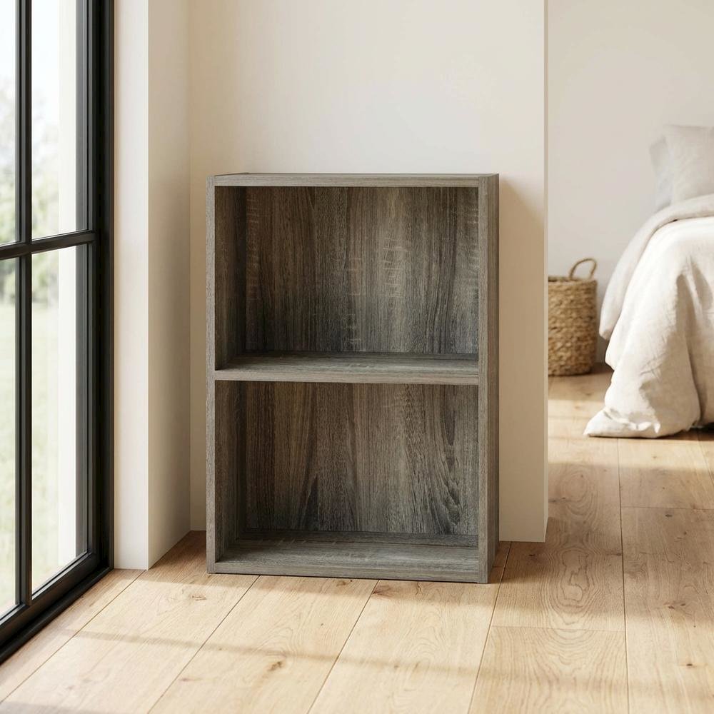 French Oak 2-Tier Open Shelf Bookcase with Modern Design and Wood Build