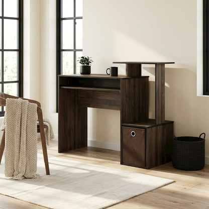 Wooden Home Office Desk with Storage Bin in Columbia Walnut Finish