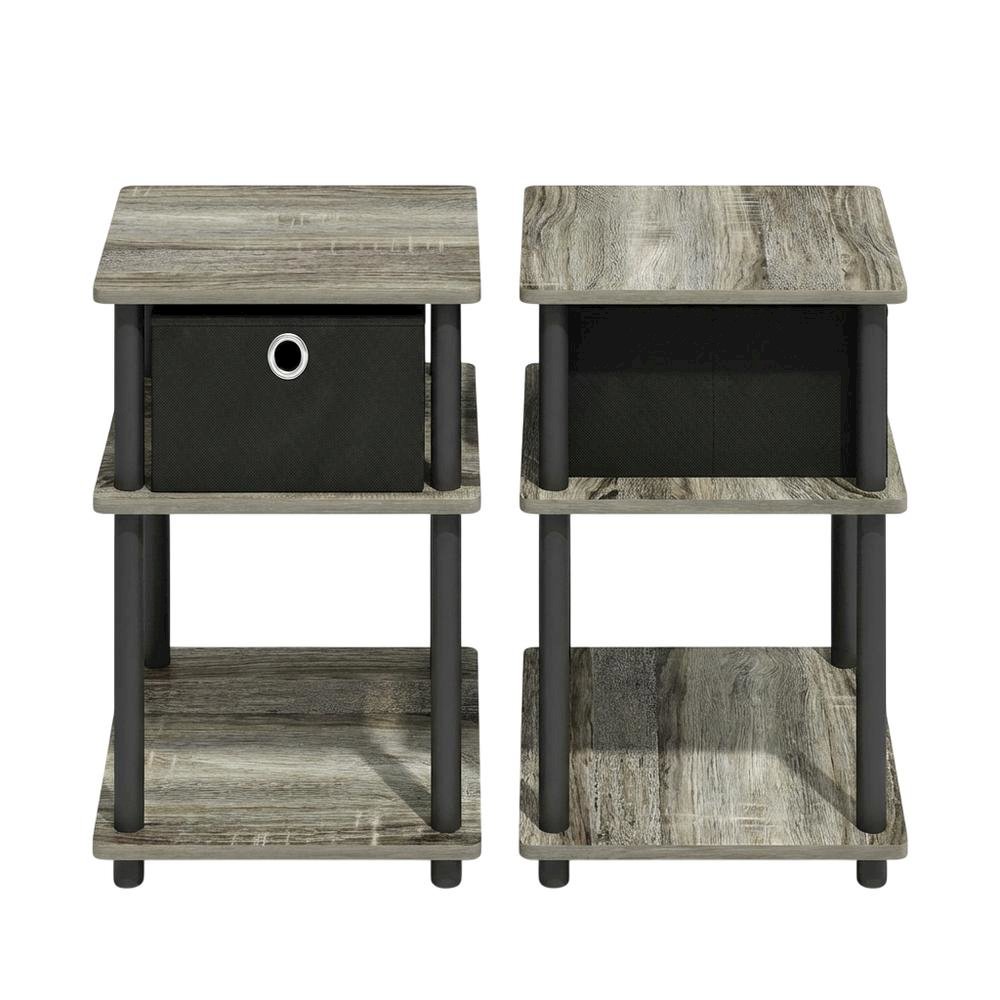 3-Tier End Table with Storage Bin in Grey Oak and Black Finish