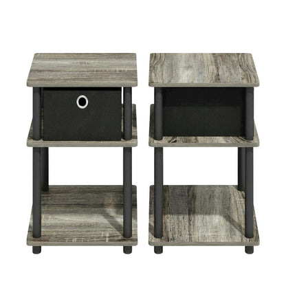 3-Tier End Table with Storage Bin in Grey Oak and Black Finish