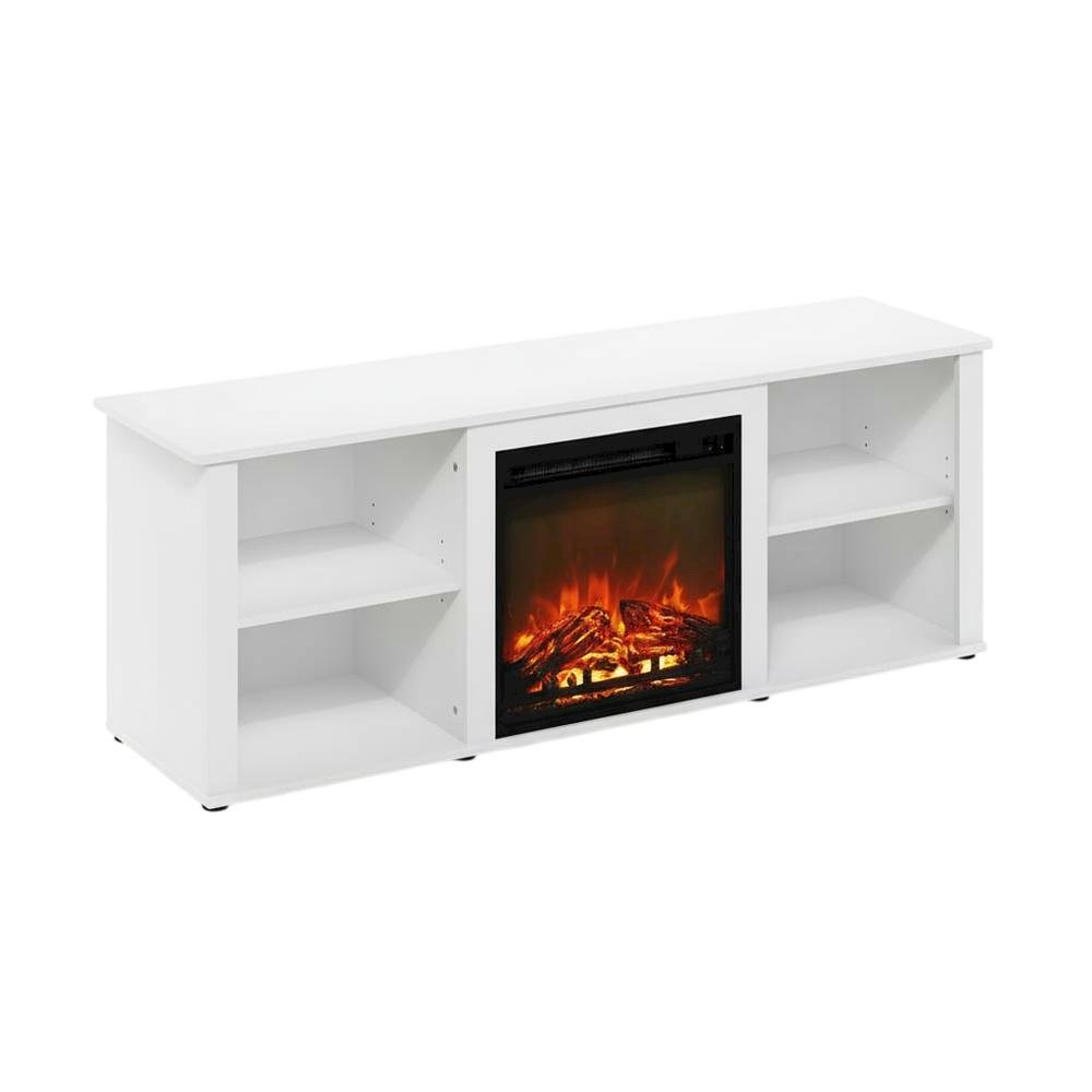 Solid White TV Stand with Fireplace and Wood Construction for Living Room