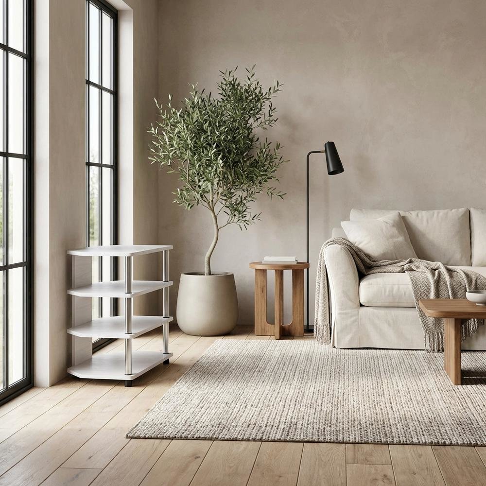 Wooden TV stand, modern white oak, chrome accents, living room furniture