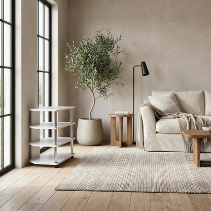 Wooden TV stand, modern white oak, chrome accents, living room furniture