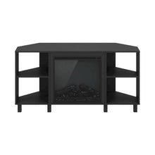 Brown electric fireplace corner TV stand with storage and media center features
