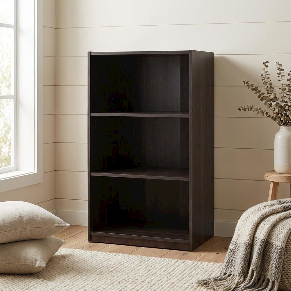 Espresso 3-Shelf Bookcase with Sturdy Wood Frame for Living Room Storage