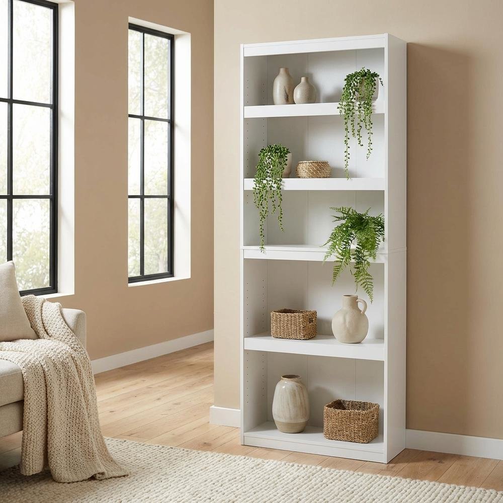 White 5-Tier Shelf Bookcase with Sturdy Wood Construction