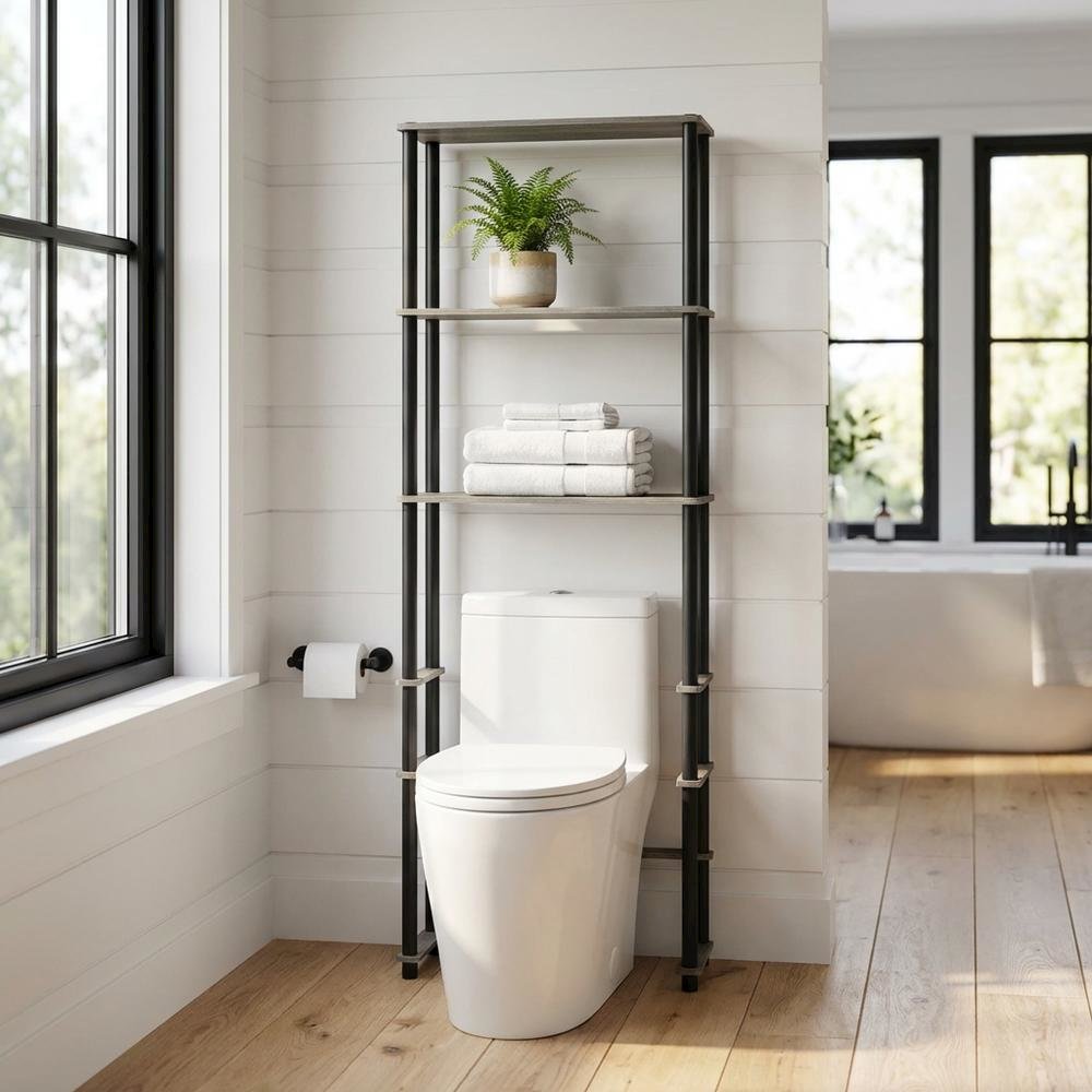 Toilet Space Saver with 3 Shelves in Grey and Black for Bathroom Organization
