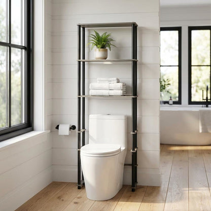 Toilet Space Saver with 3 Shelves in Grey and Black for Bathroom Organization
